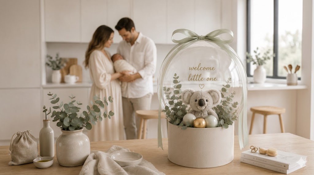 Crystal clear Bubble Bobo balloon featuring an Australian-themed newborn baby gift