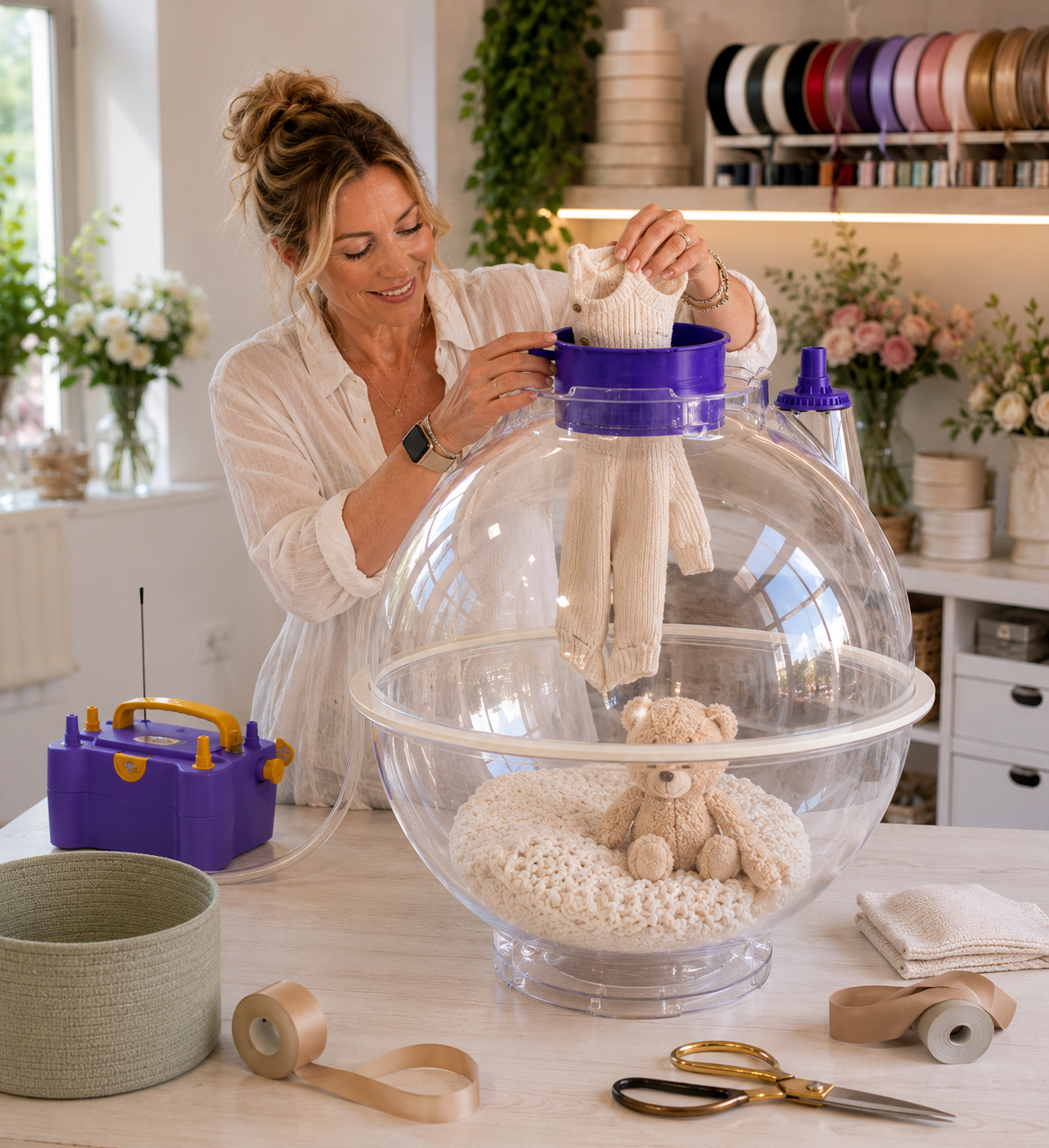 Australian creator using the LuxeOrb™ Balloon Stuffing Machine to create a crystal clear Bubble Bobo balloon gift.